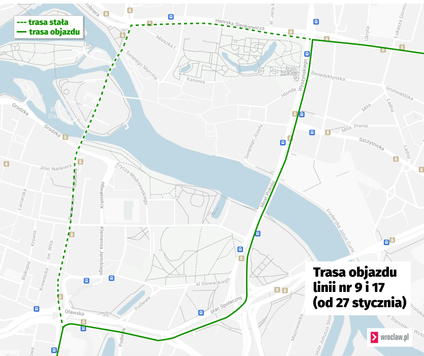Mapa przedstawia trasę objazdu tramwajów linii 9 i 17.