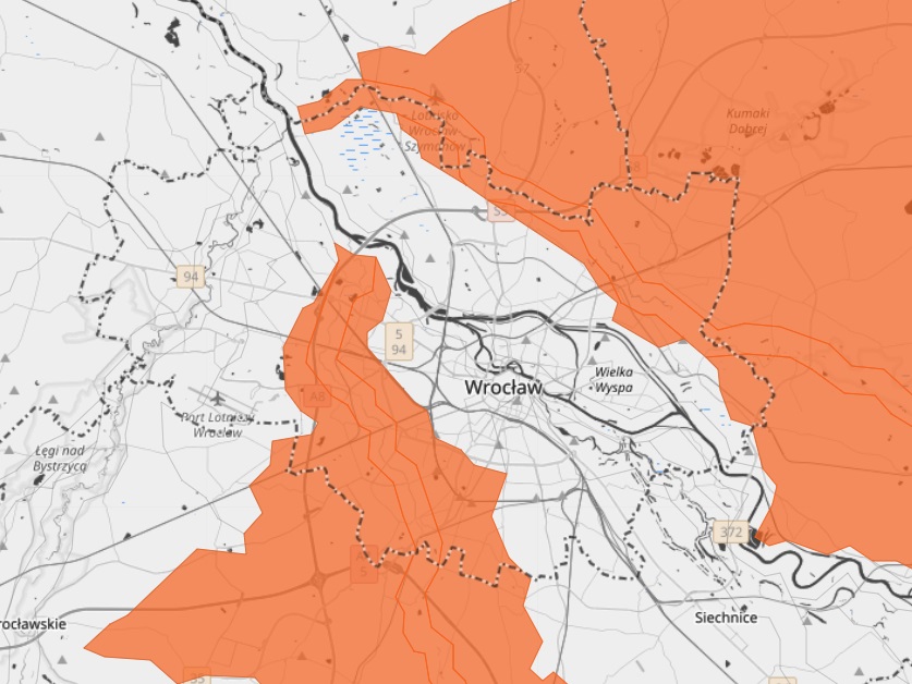Mapa IMGW przedstawiająca zagrożone obszary Wrocławia.