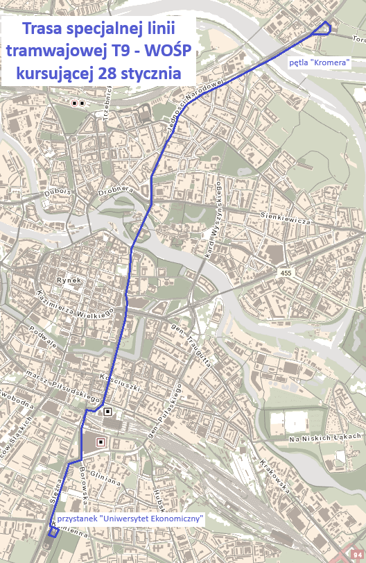 Mapa przedstawia trasę tramwaju T9 - WOŚP.