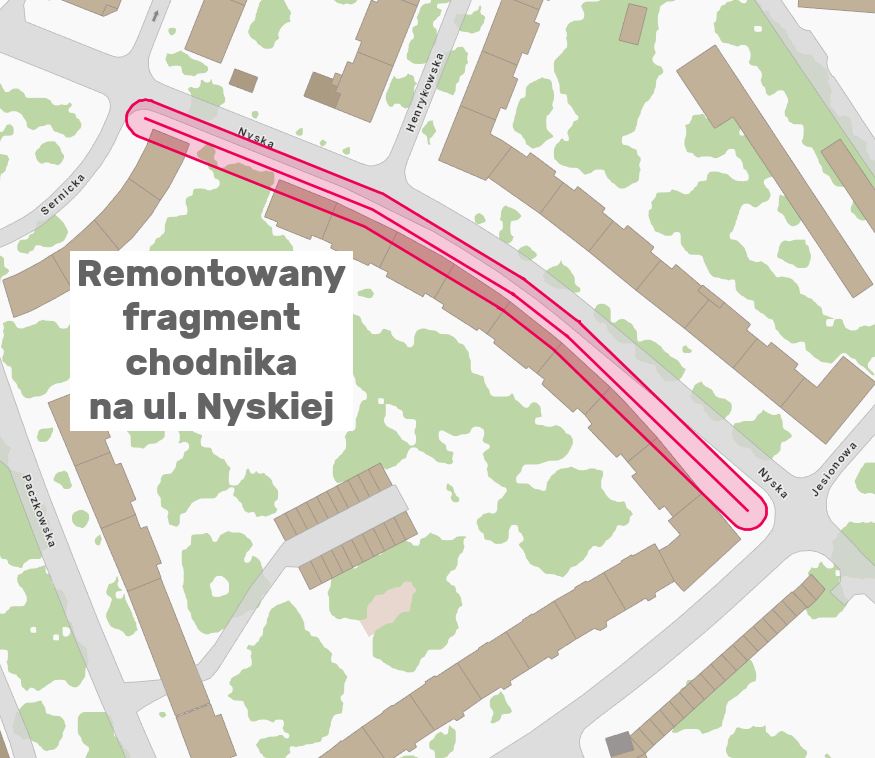 Mapa przedstawia odcinek chodnika, który będzie remontowany.