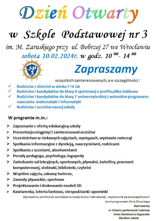 Plakat Dni Otwartych w SP nr 3 we Wrocławiu