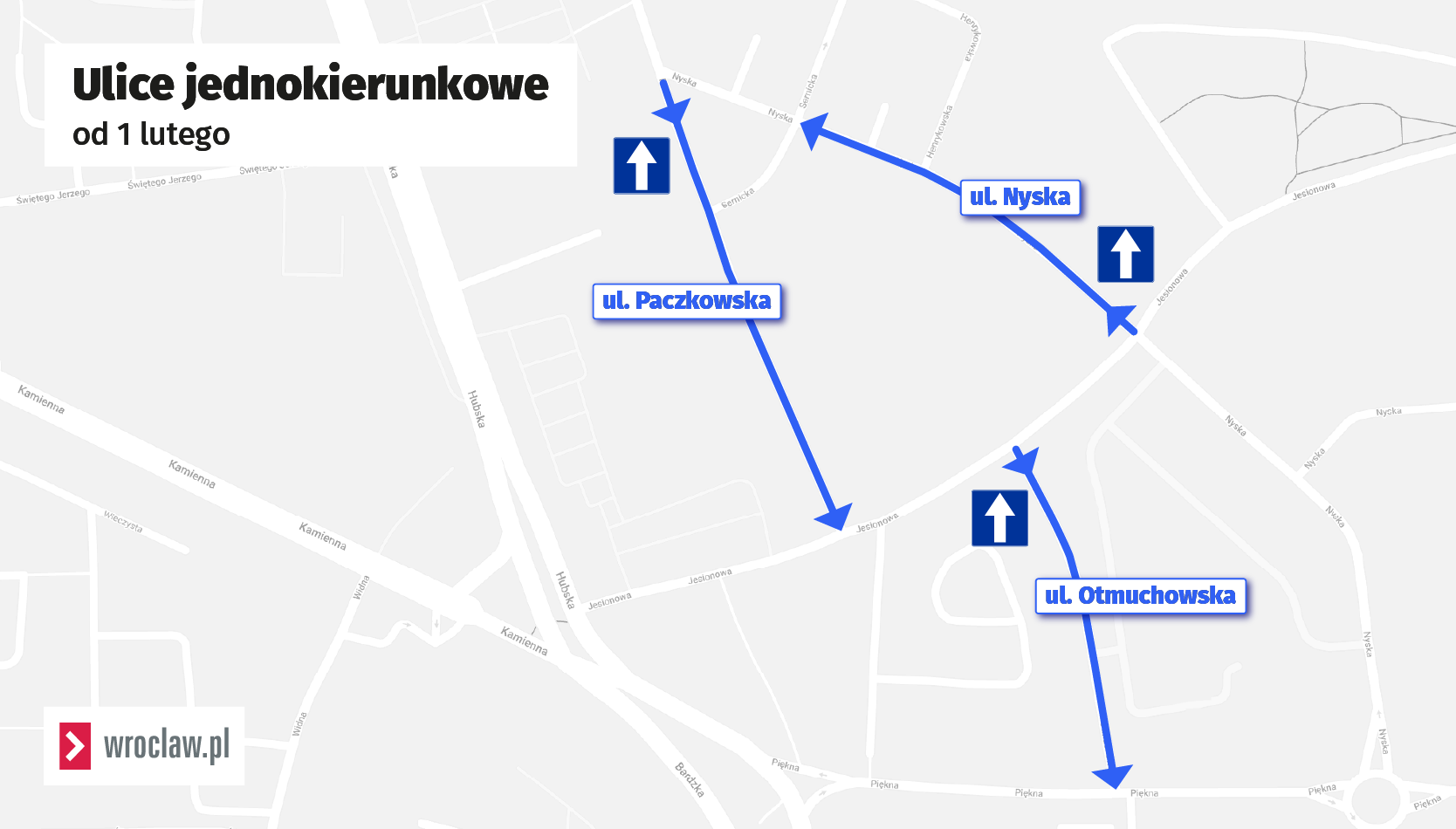 Mapa przedstawia ulice, które od 1 lutego są jednokierunkowe.