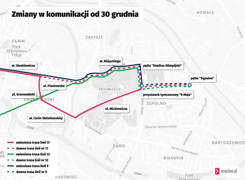 <p>Mapa przedstawia zmienione trasy tramwaj&oacute;w linii 9, 12 i 17. Obowiązują do ostatnich kurs&oacute;w w piątek 16 lutego.</p>