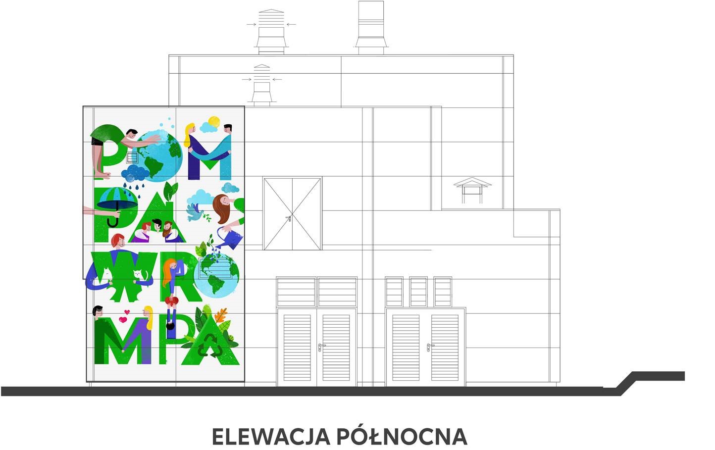 Wizualizacja przedstawia projekt muralu autorstwa Magdaleny Osobińskiej naniesiony na szkic budynku Wrompy.