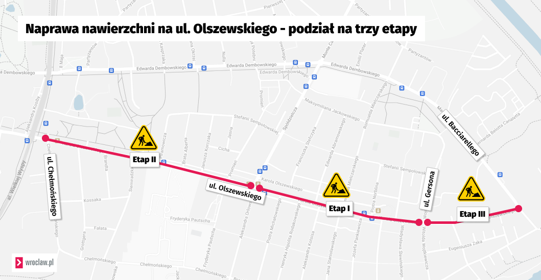 Mapa przedstawia etapy remontu ul. Olszewskiego.