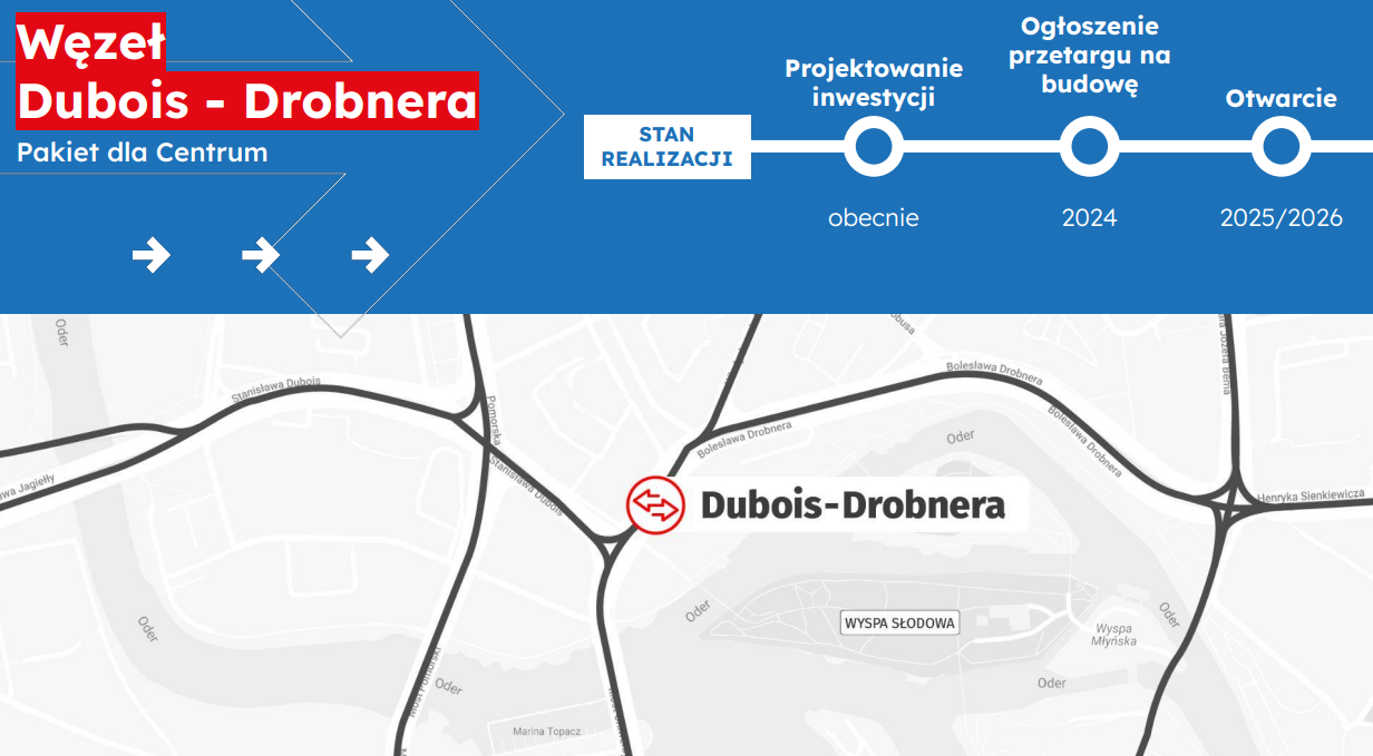 <p>Grafika przedstawia mapę z umiejscowieniem nowego węzła przesiadkowego na Drobnera oraz etapy realizacji inwestycji.</p>