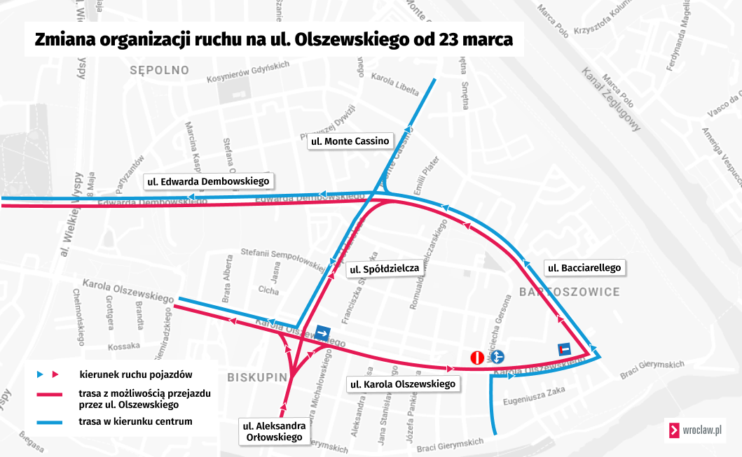 Mapa przedstawiająca organizację ruchu na czas prac na ul. Olszewskiego.