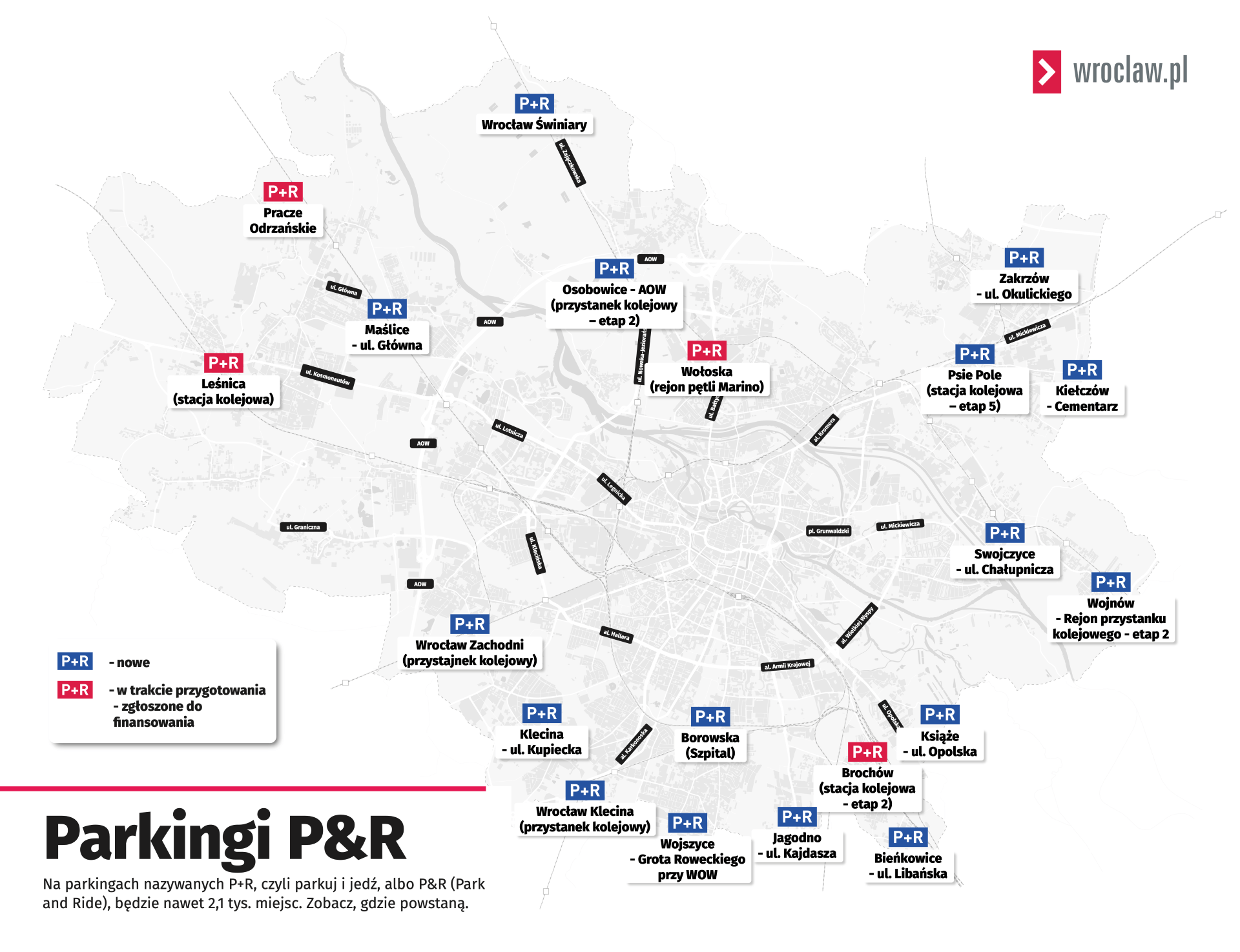 Mapa przedstawia lokalizację parkingów P+R.
