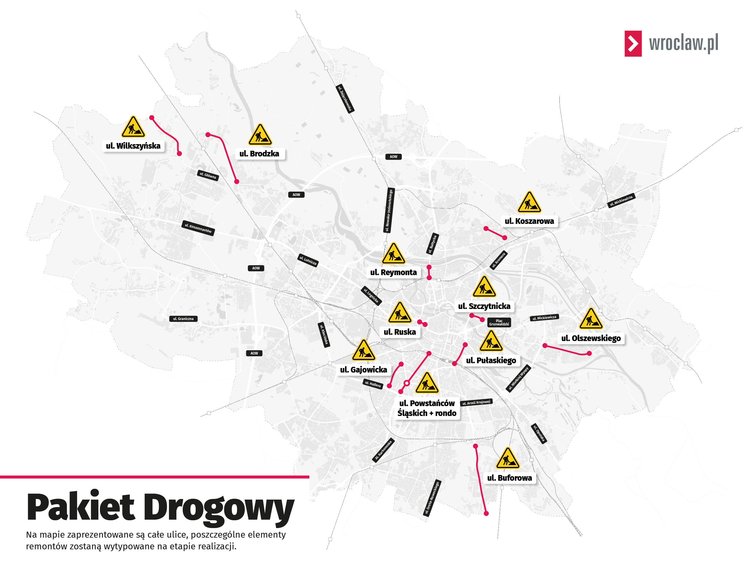 Mapa przedstawia ulice, które będą remontowane lub przebudowywane.