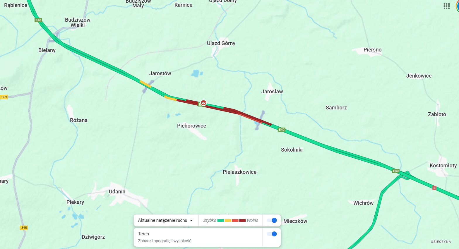 Mapa przedstawia sytuację drogową na A4 - stan na godz. 12:30.
