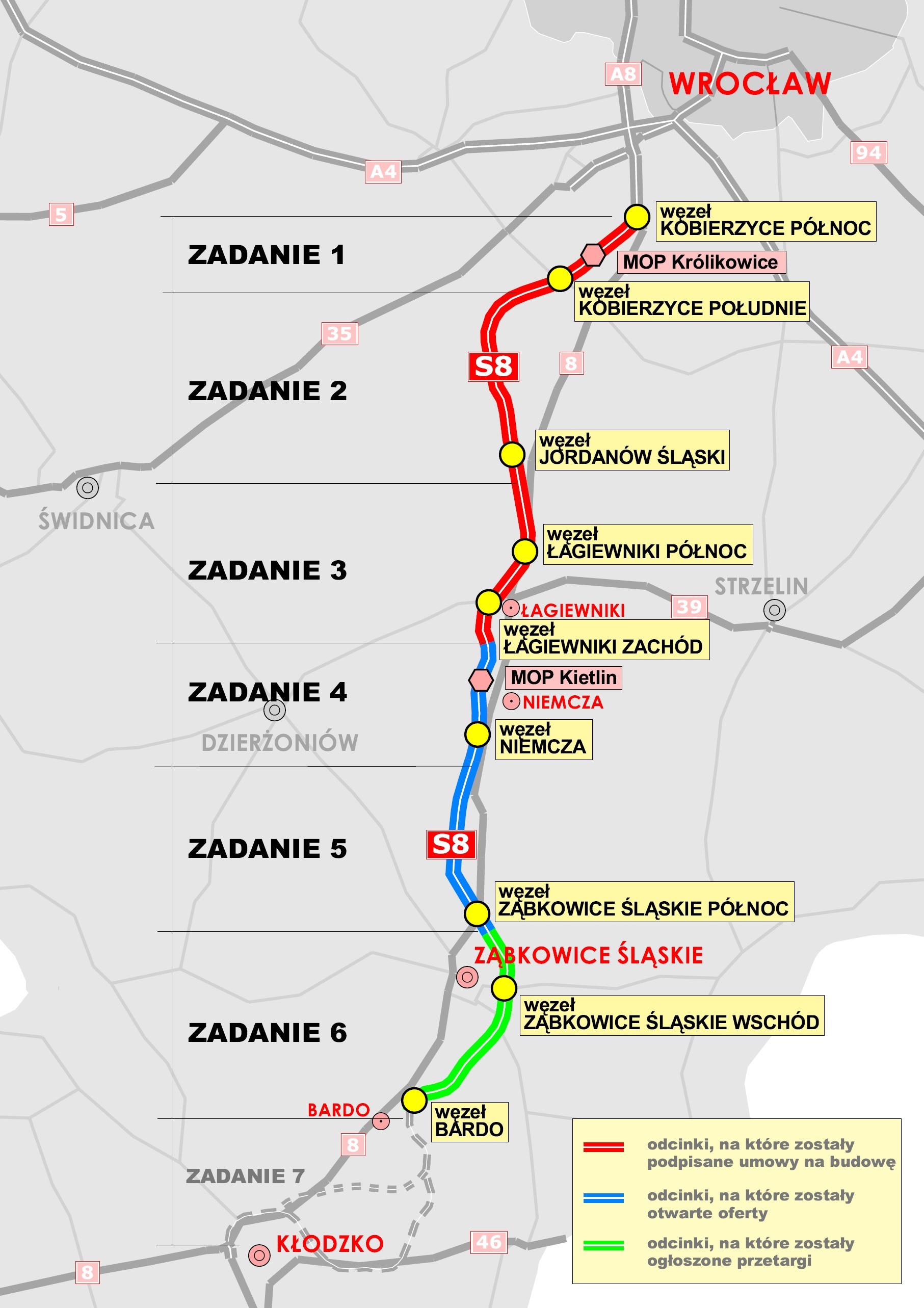 Mapa obrazująca poszczególne etapy budowy S8.
