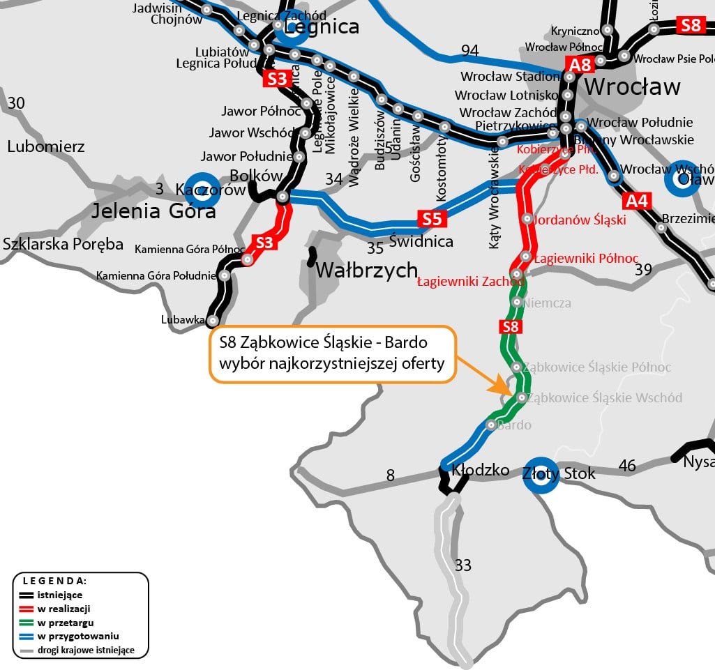 Mapa obrazująca poszczególne etapy budowy S8.