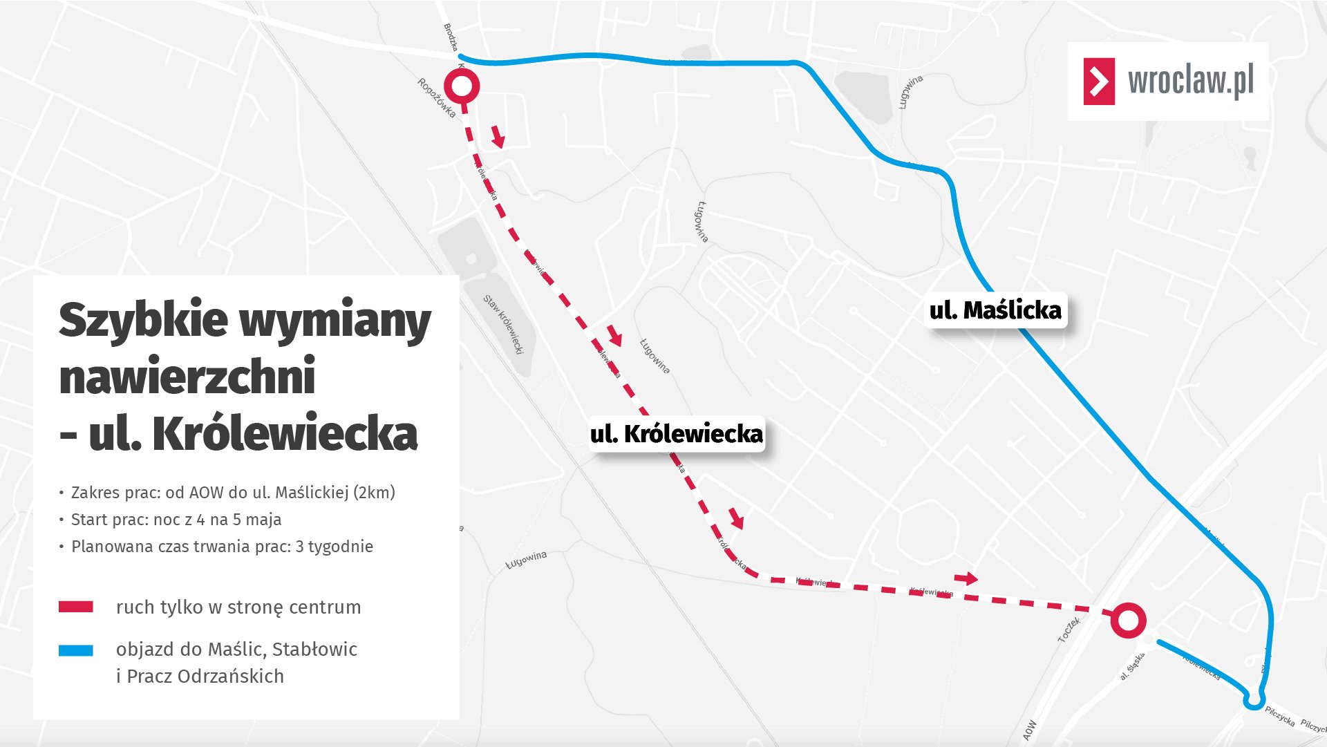 Mapa przedstawia objazd ulicy Królewieckiej
