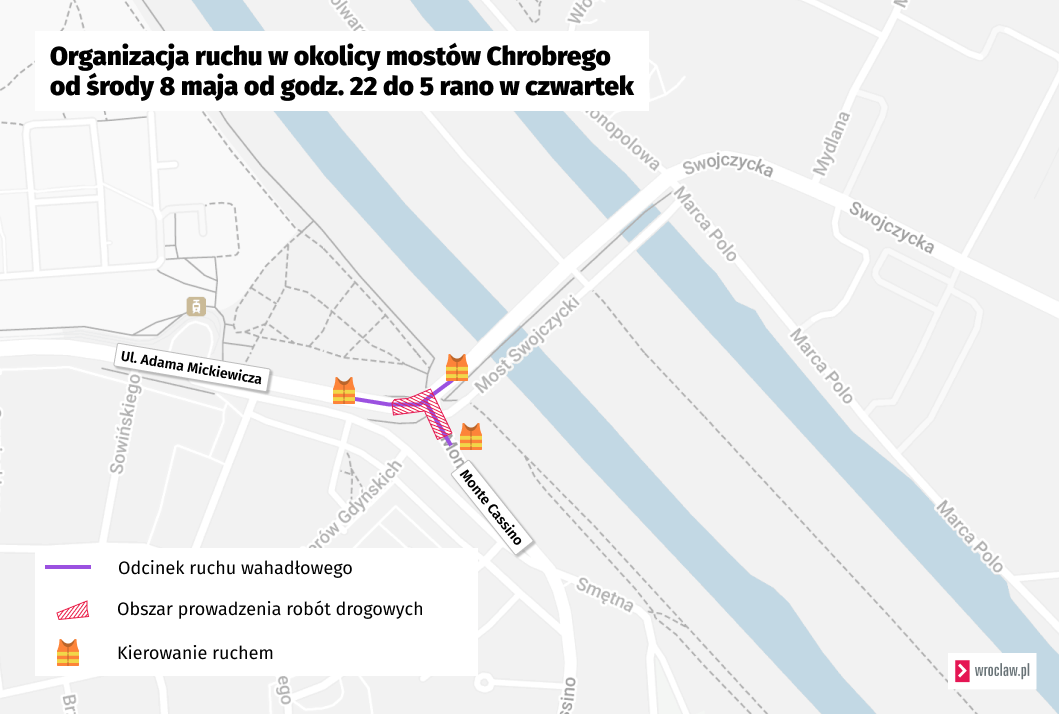 W nocy z 8 na 9 maja ekipa remontowa działać będzie na skrzyżowaniu Mickiewicza i Monte Casino.