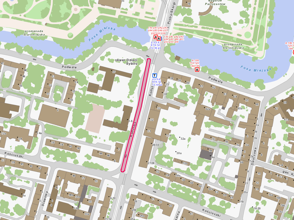 Mapa przedstawia fragment ul. Kołłątaja, na którym będzie wymieniana nawierzchnia.