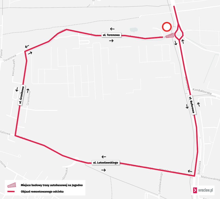 Mapa przedstawia objazd do ul. Terenowej.