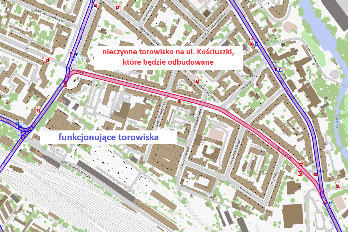 Mapa przedstawia ul. Kościuszki z zaznaczonym torowiskiem, które zostanie odbudowane.