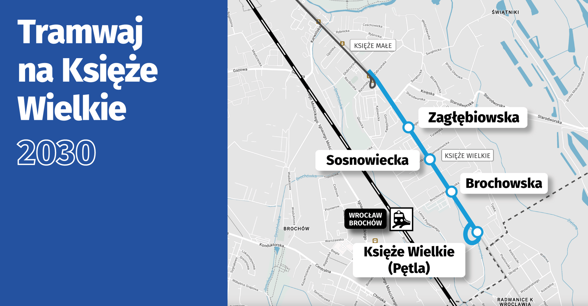 Powiększ obraz: Mapa przedstawia planowaną linię tramwajową na Księże Wielkie.