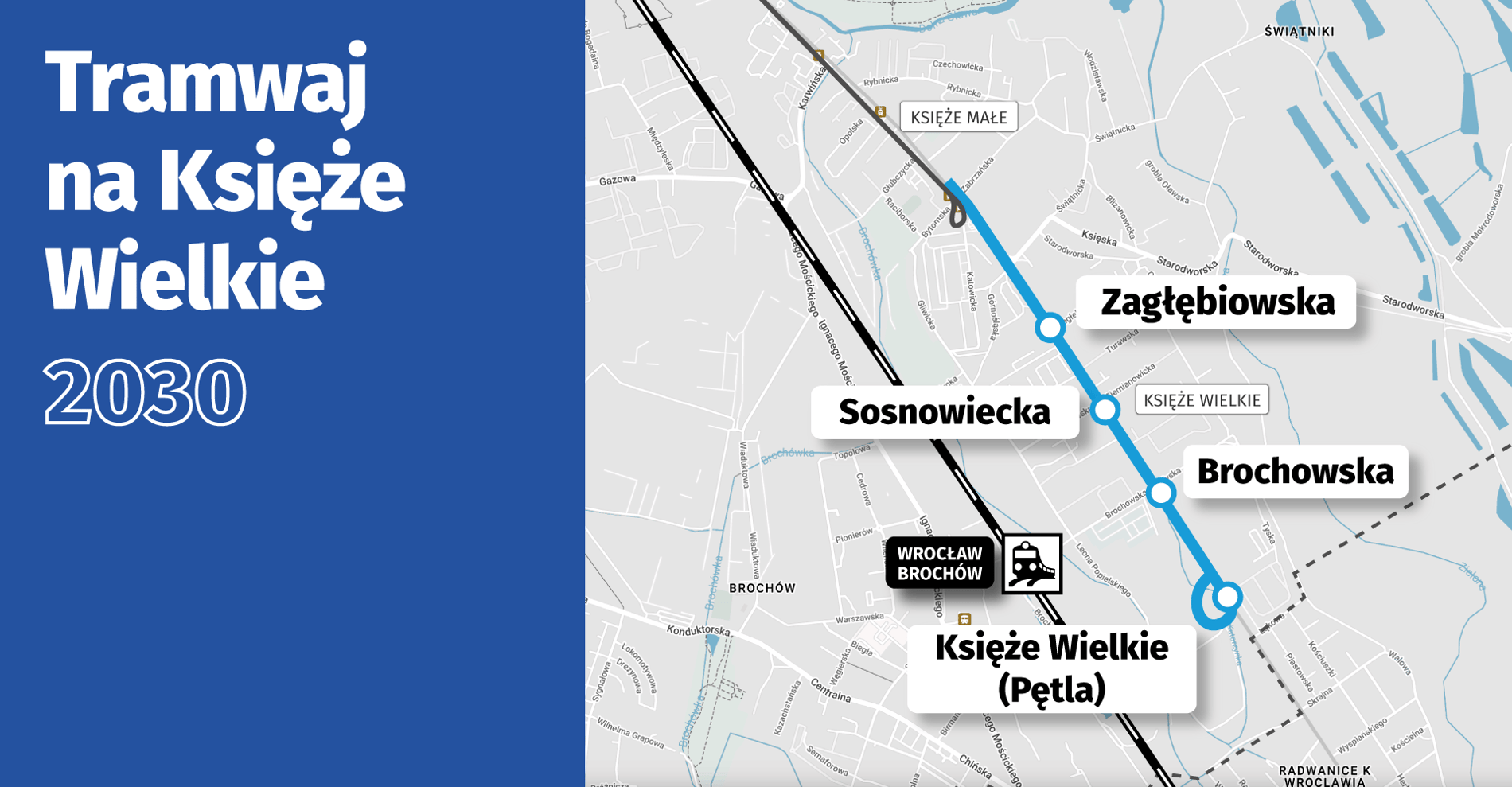 Mapa przedstawia planowaną linię tramwajową na Księże Wielkie.