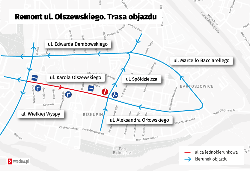 Mapa przedstawia trasę objazdu remontowanego fragmentu ul. Olszewskiego.