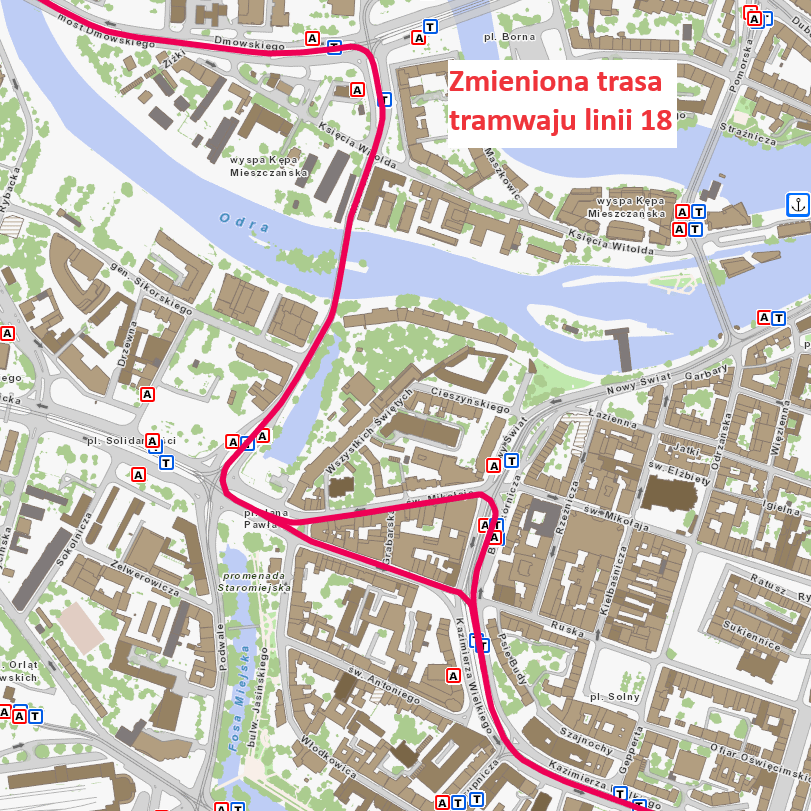 Mapa przedstawia zmienioną trasę tramwaju linii 18.