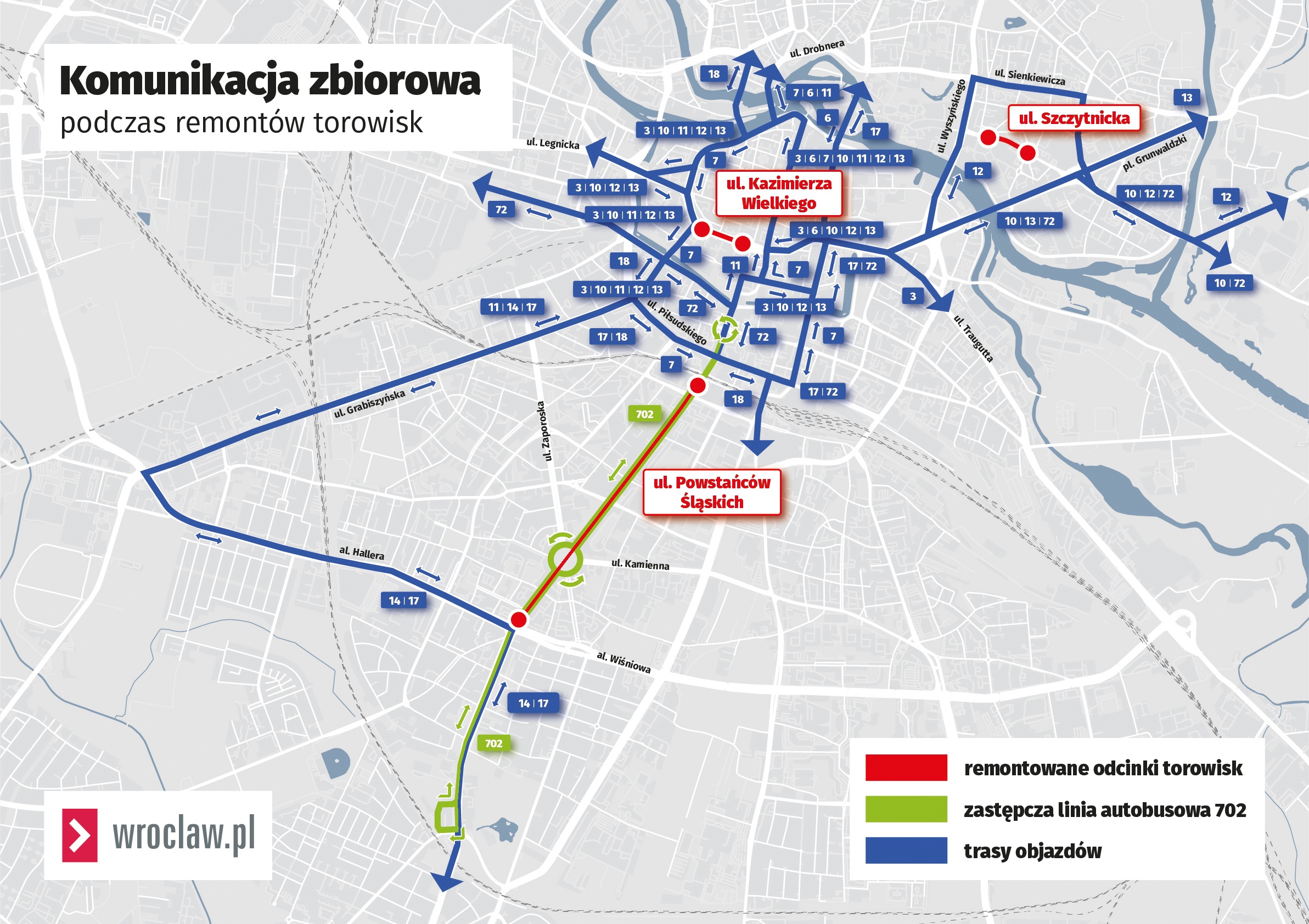 Mapa przedstawia trasy objazdów linii tramwajowych obowiązujące od 22 czerwca.