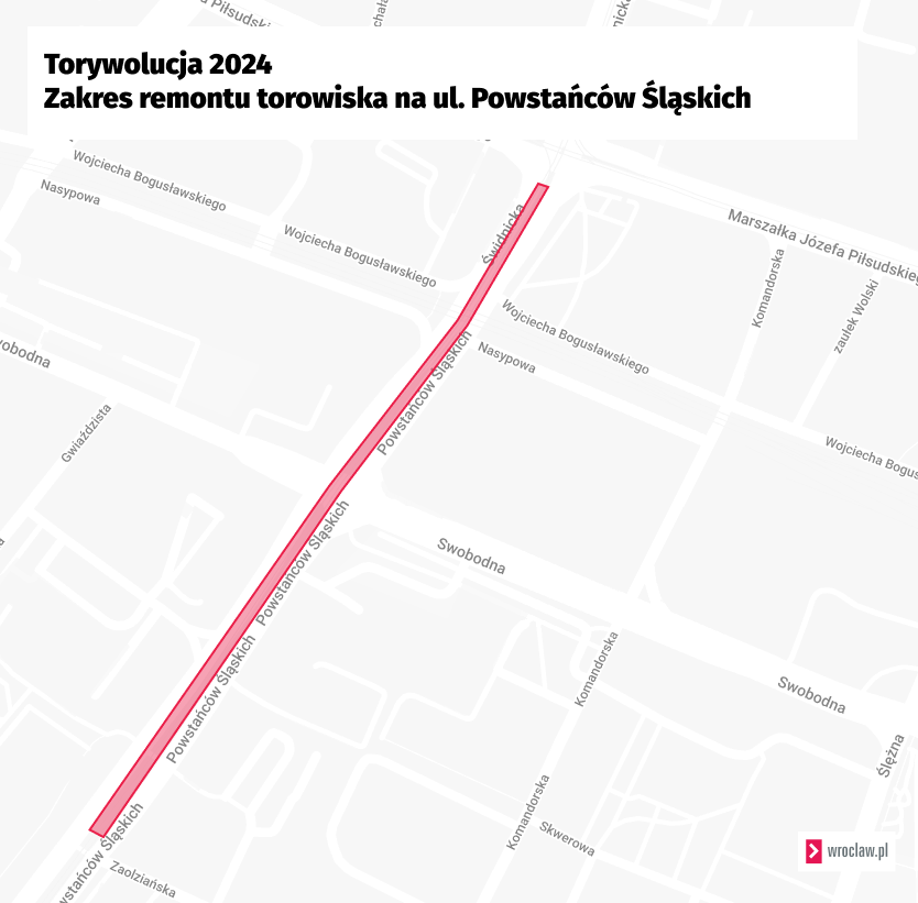 <p>Mapa przedstawia remontowany odcinek ul. Powstańc&oacute;w Śląskich i Świdnickiej.&nbsp;</p>