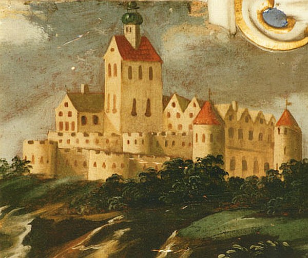 Tak zamek Świny prezentował się w 1655 roku. Obraz w Kościele Pokoju w Jaworze namalowany przez Flegela