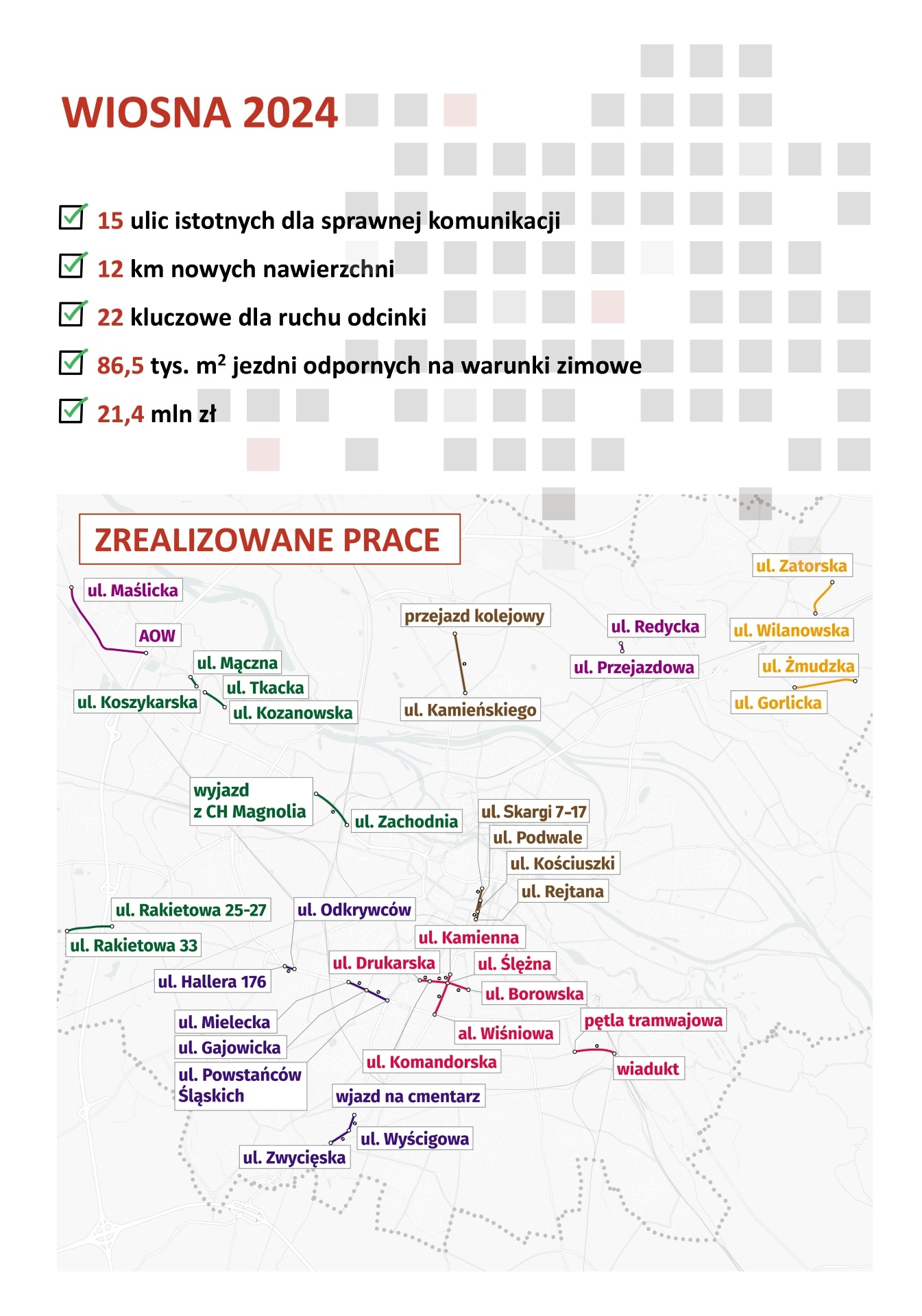 Mapa przedstawia ulice wyremontowane w ramach wiosennego programu szybkich wymian nawierzchni