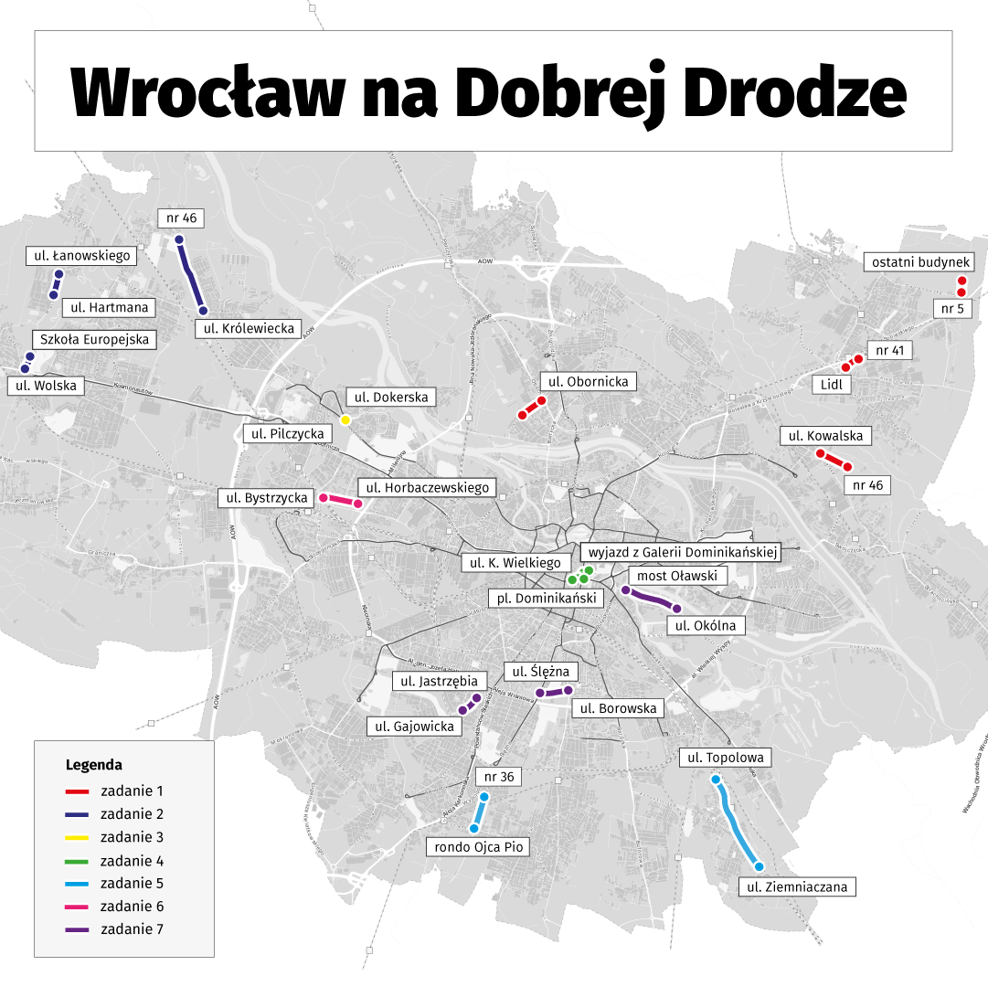 Mapa z ulicami, które będą naprawiane w ramach programu "Wrocław na dobrej drodze"