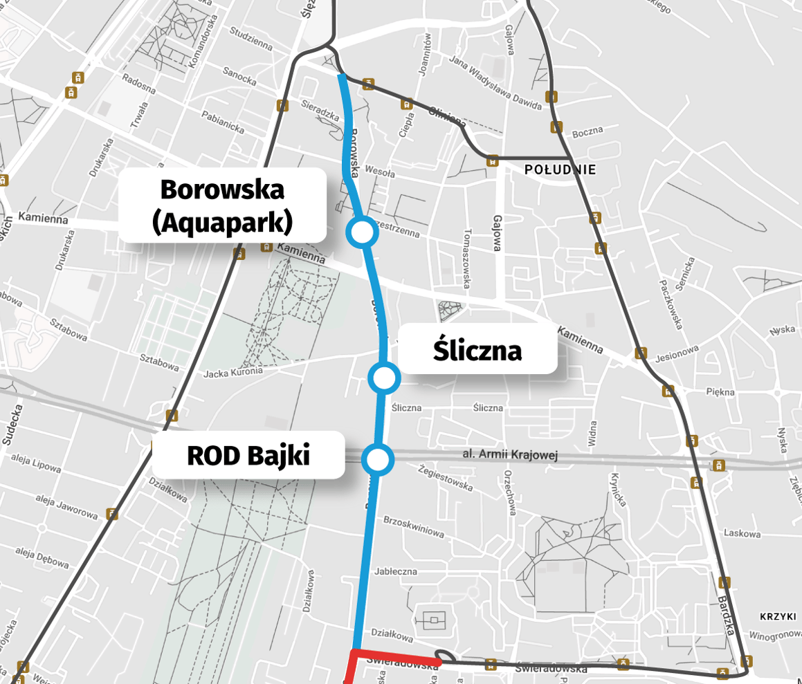 Mapa przedstawia II etap budowy torowiska na ul. Borowskiej. Od ul. Glinianej biec będzie do ul. Działkowej, gdzie połączy się z projektowanym właśnie I etapem