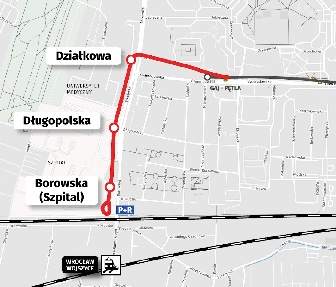 Mapa przedstawia I etap rozbudowy linii tramwajowej na Gaju - od Świeradowskiej do pętli za szpitalem uniwersyteckim
