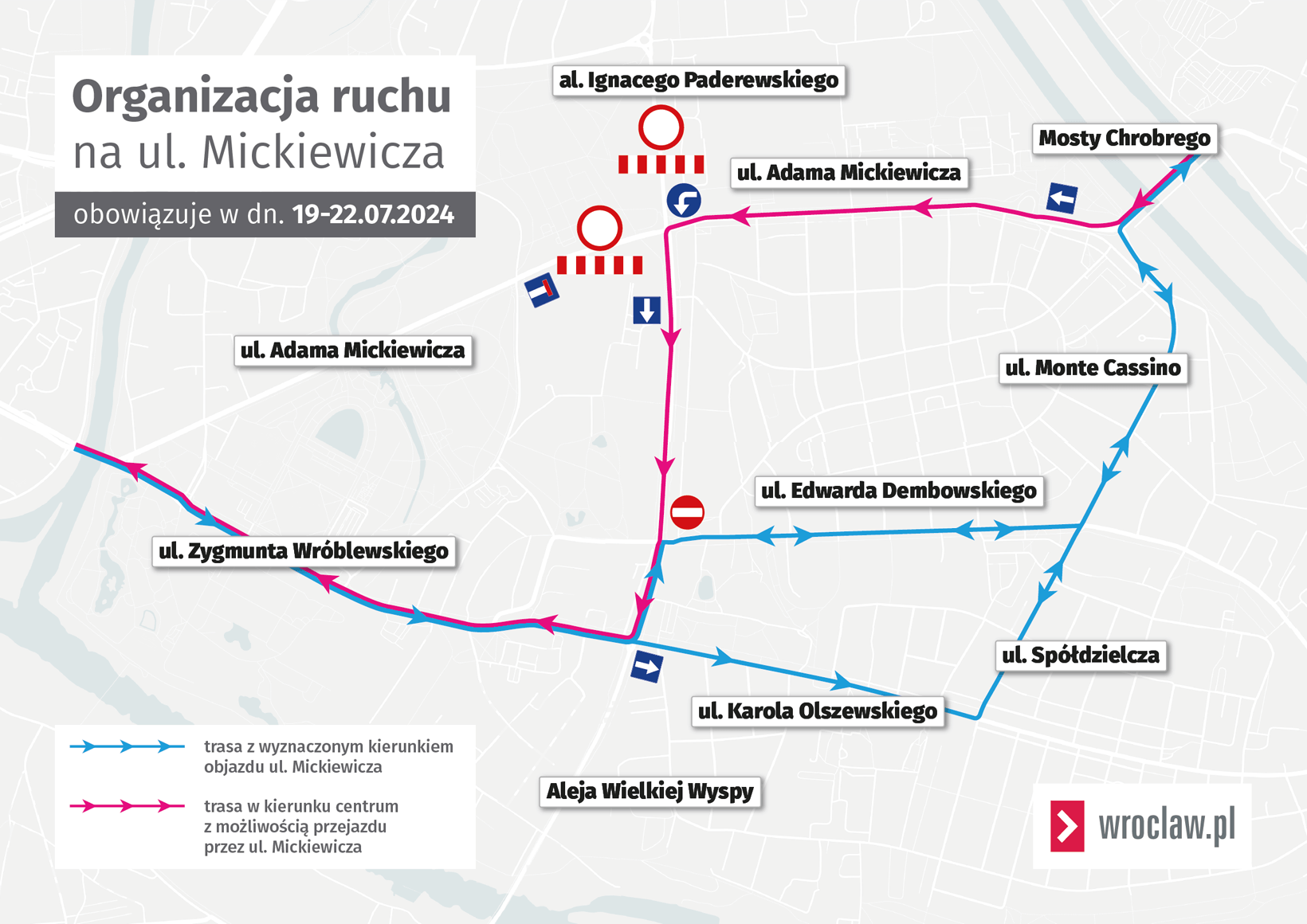 Trasa objazdu skrzyżowania ulicy Mickiewicza z aleją Wielkiej Wyspy