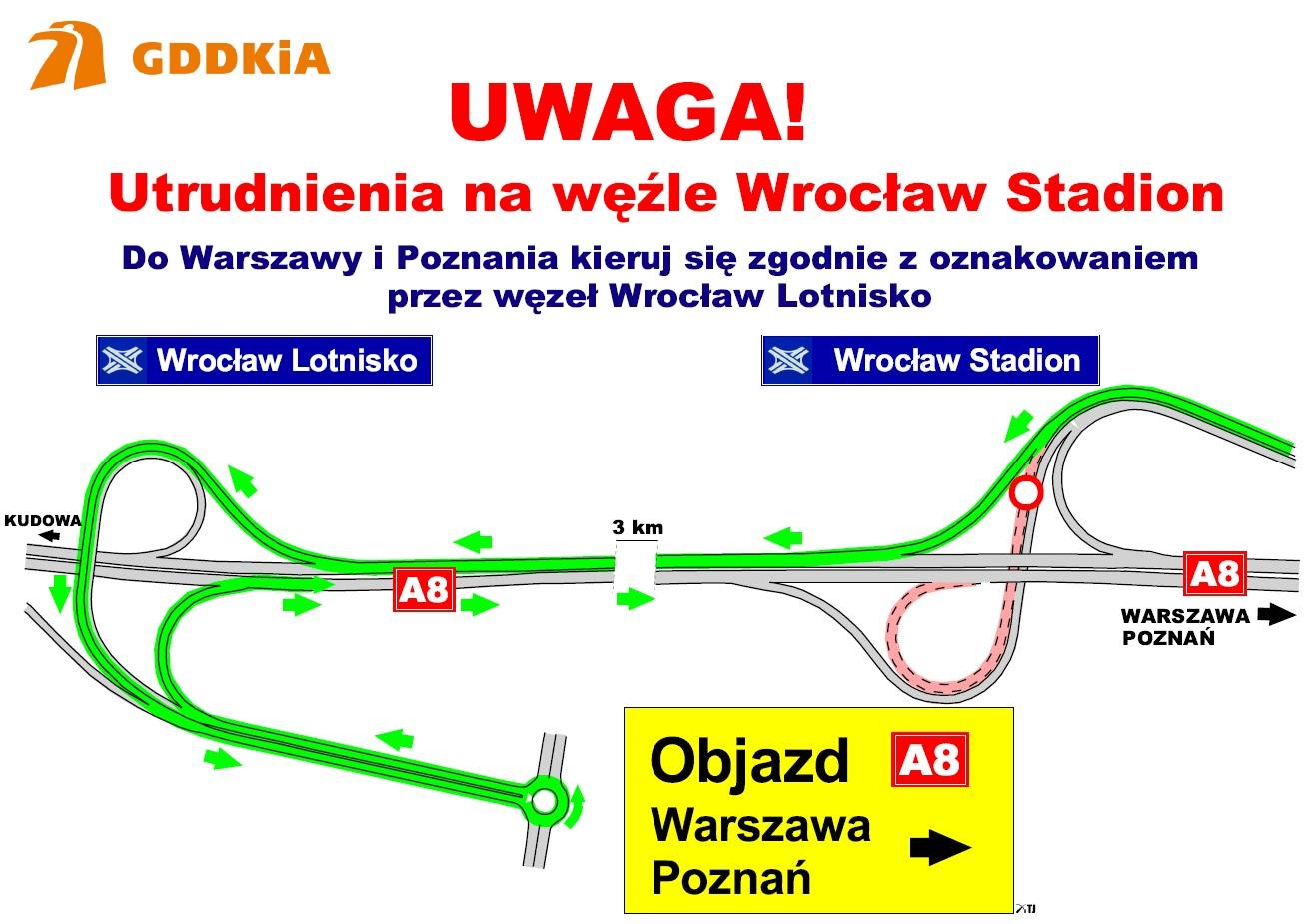 Mapa przedstawia objazd zamkniętego wjazdu na węźle Wrocław Stadion na AOW