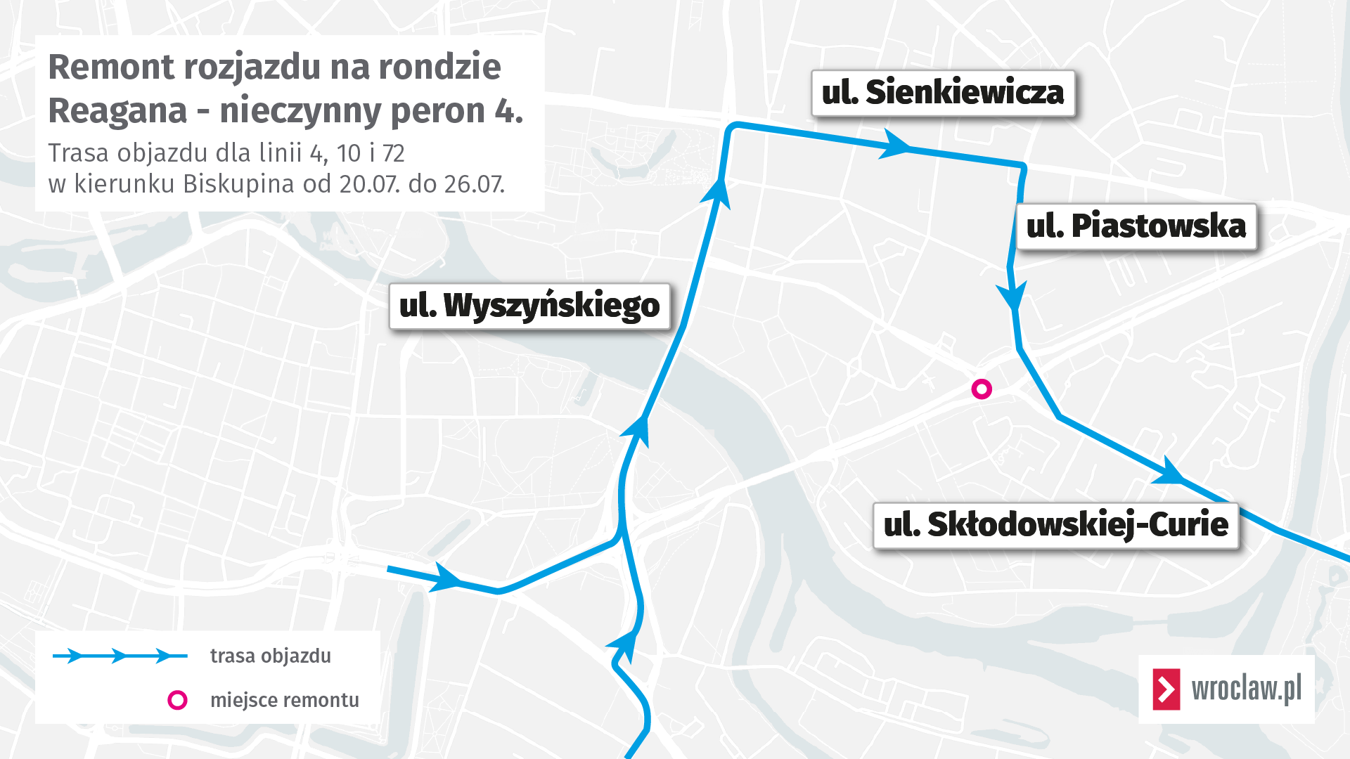 Trasa objazdu tramwajów 4, 10 i 72 od 20 do 26 lipca
