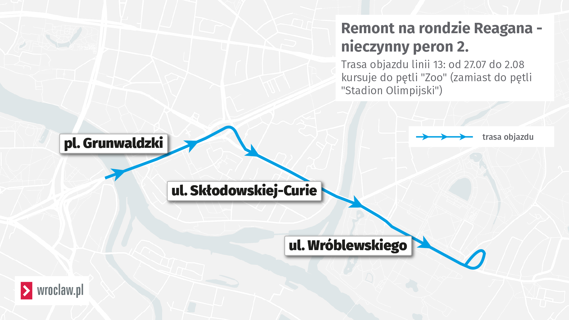 Remont na rondzie Reagana. Tramwaj nr 13 nie będzie jeździł do stadionu Olimpijskiego. Na rondzie skręci w kierunku mostu Zwierzynieckiego i zakończy kurs na pętli "Zoo".