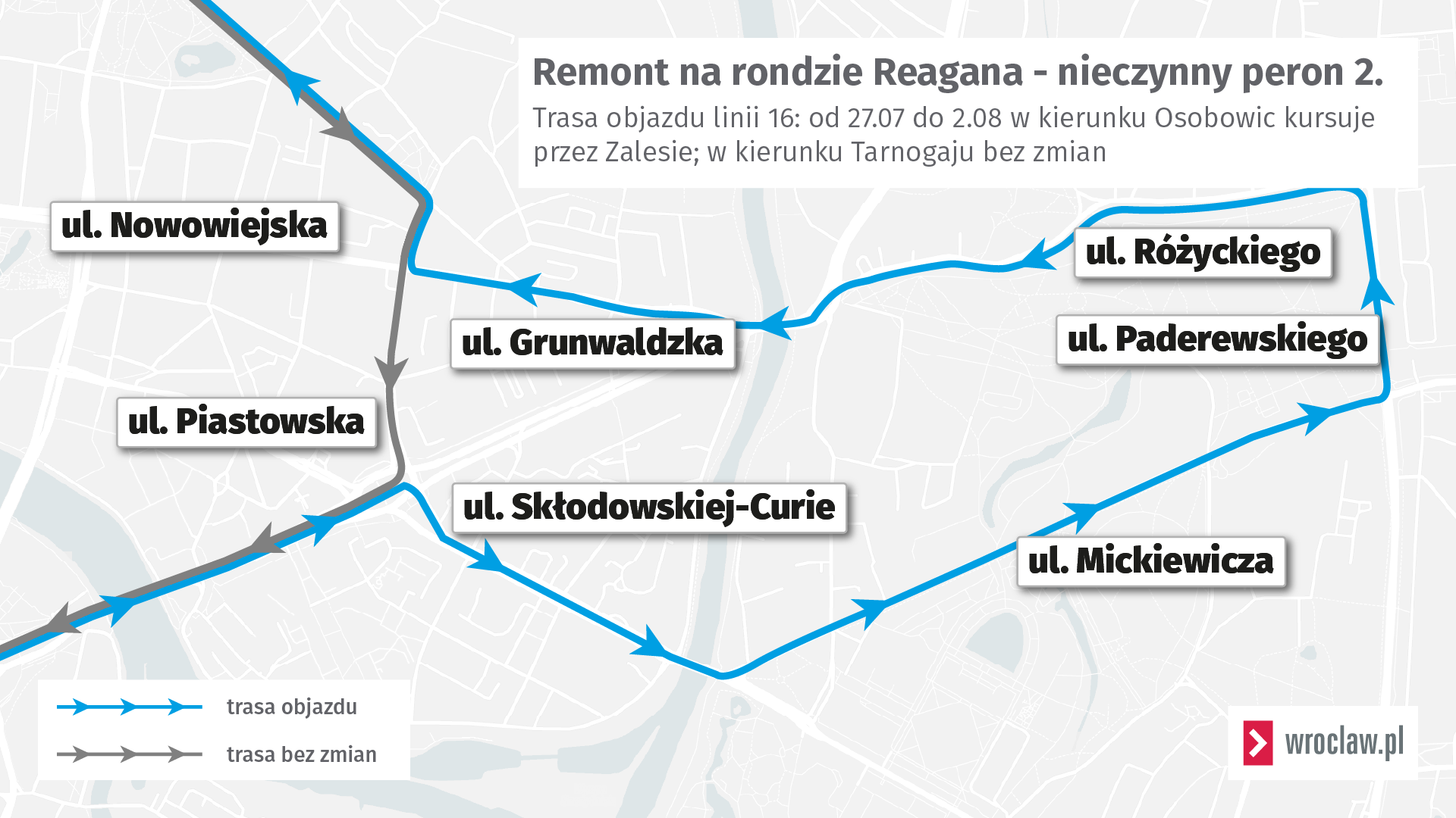 Remont na rondzie Reagana. Tramwaj nr 16 zmieni trasę tylko w kierunku Osobowic. Pojedzie znacznie dłuższą drogą przez Zalesie
