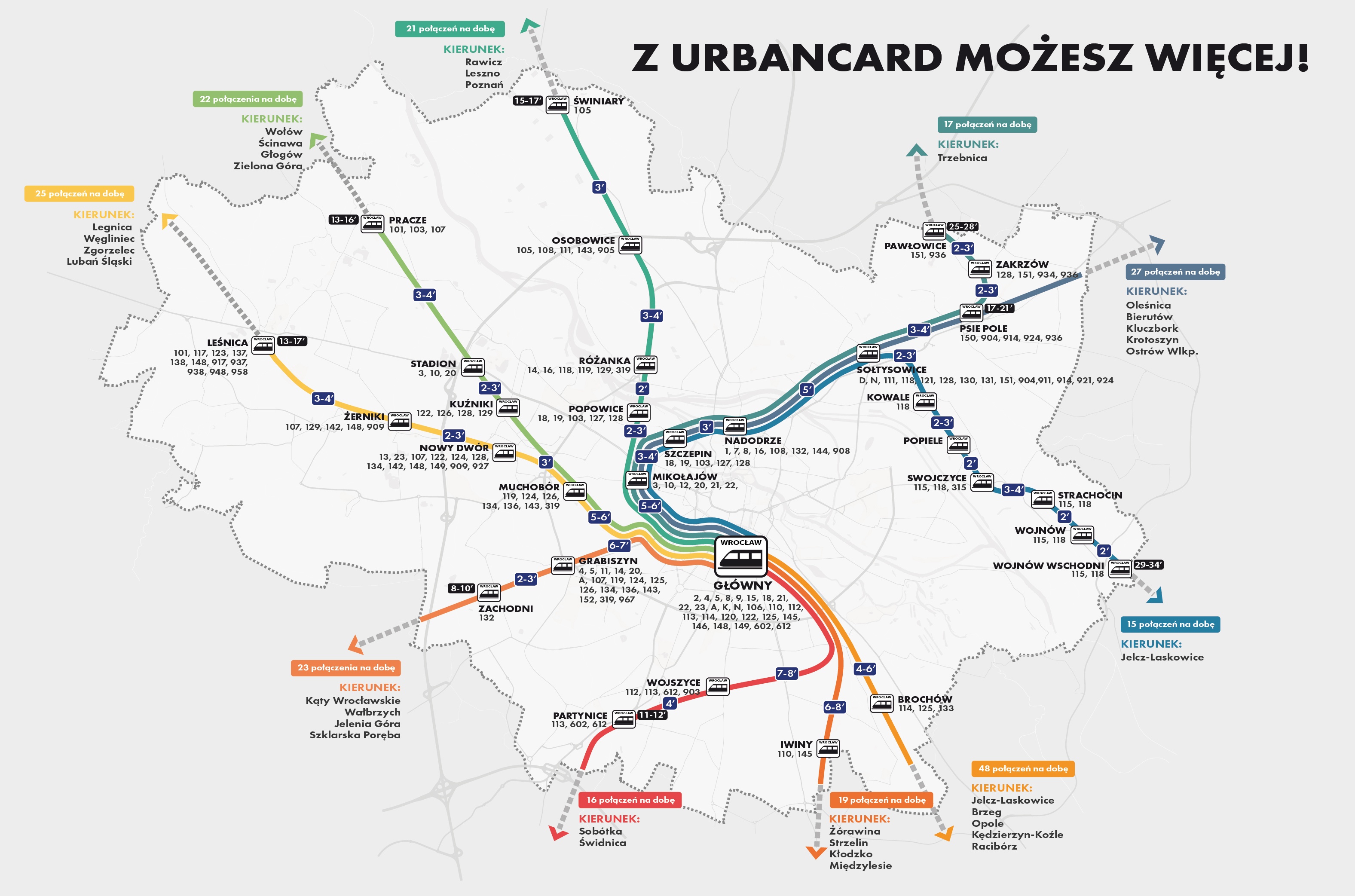 Mapa przedstawia siatkę kolejowych połączeń na terenie Wrocławia