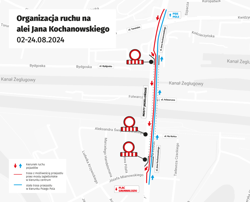 Mapa przedstawia zmienioną organizację ruchu w związku z remontem mostu Jagiellońskiego