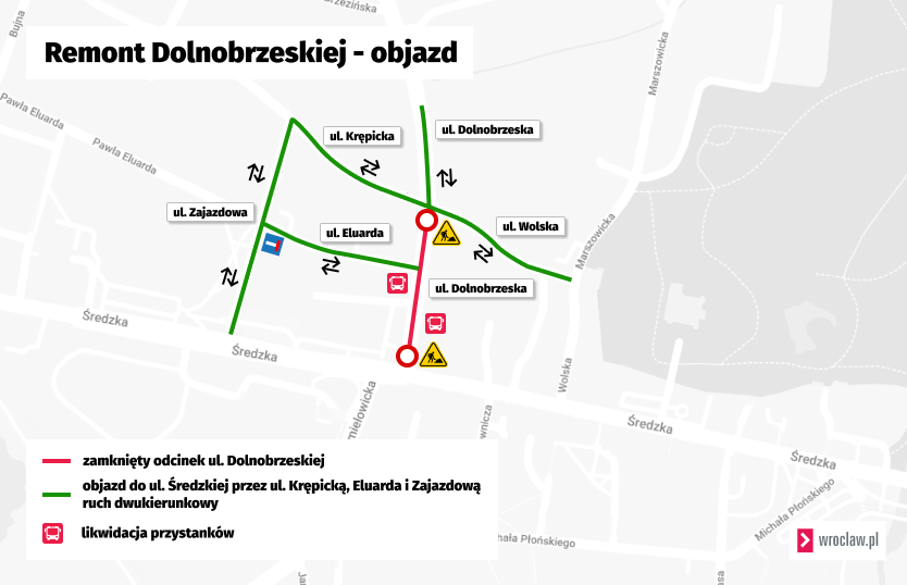 Mapa przedstawia trasę objazdu zamkniętego odcinka ulicy Dolnobrzeskiej