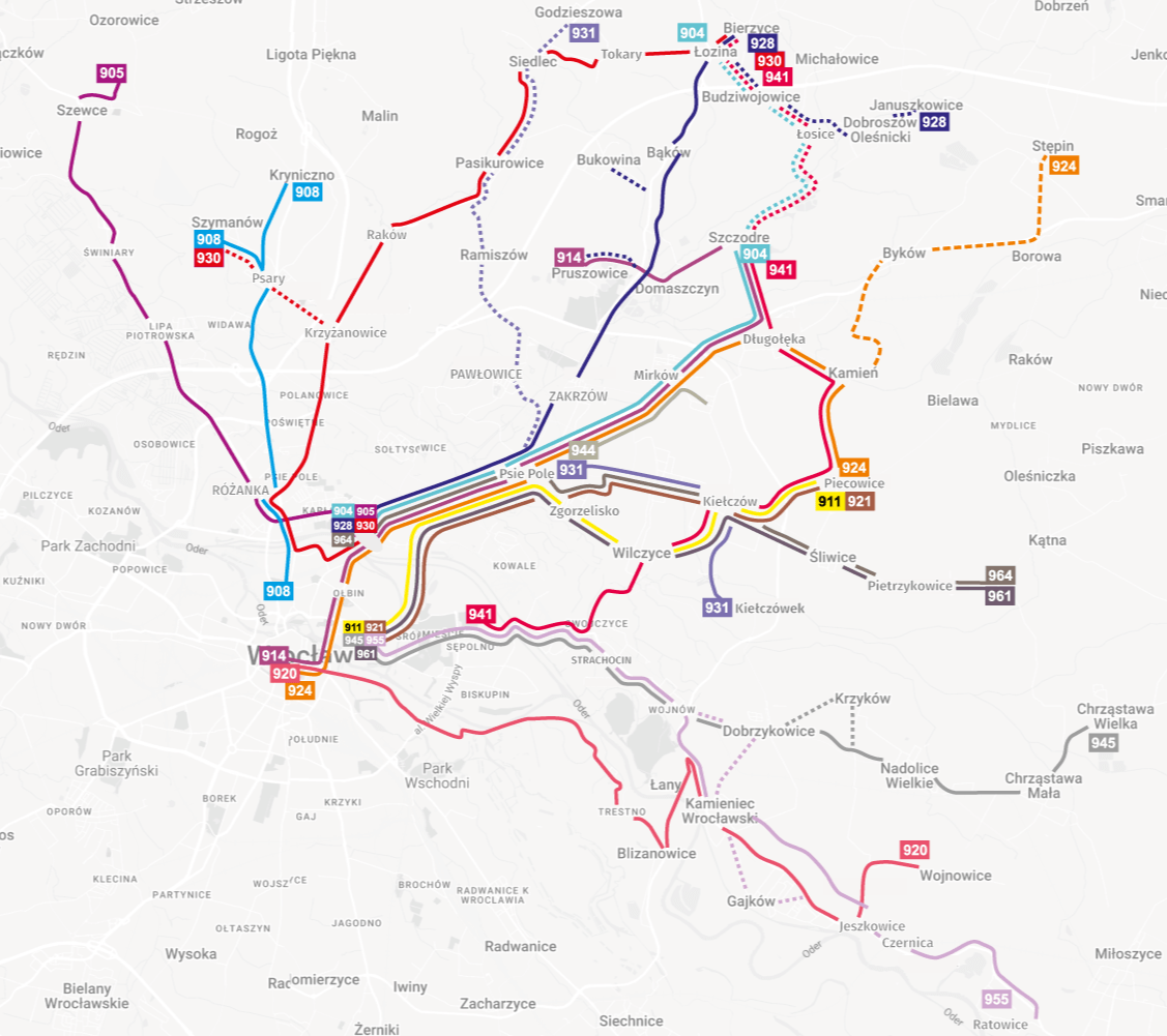 Mapa z połączeniami autobusowymi do gmin: Długołęka, Wisznia Mała i Czernica