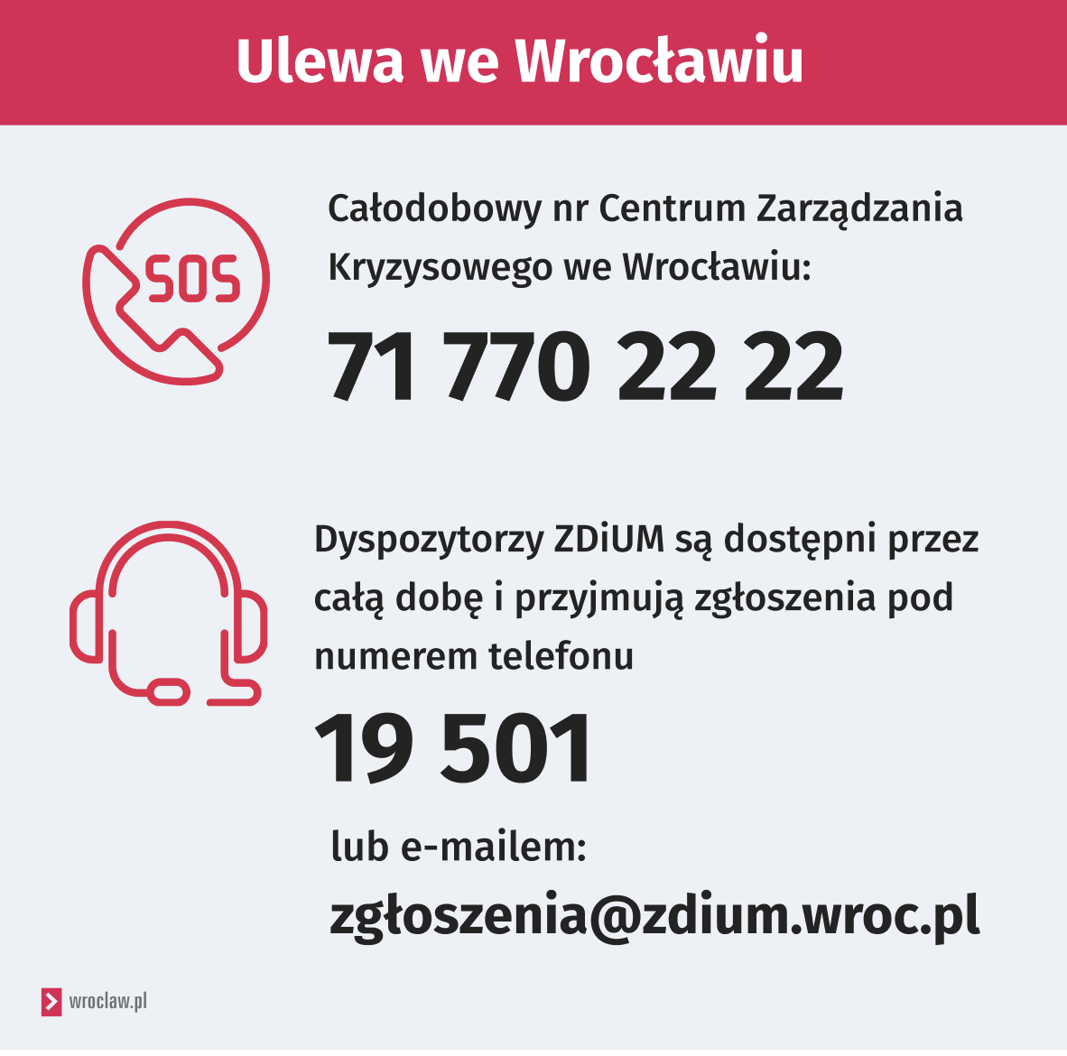 <p>Infografika z numerami telefon&oacute;w: 717702222 do Centrum Zarządzania Kryzysowego oraz 19501 do ZDiUM-u&nbsp;</p>