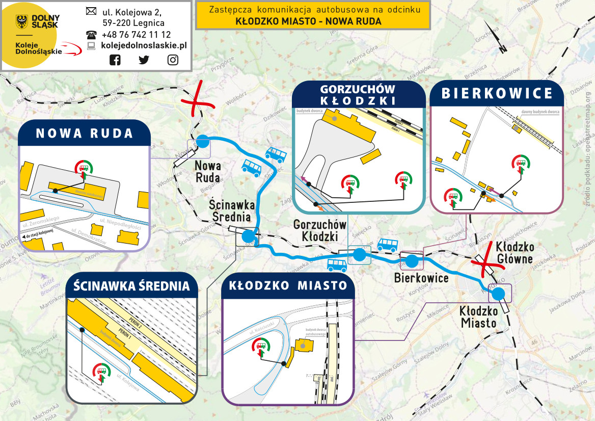 <p>Mapa z lokalizacją przystanków, na których zatrzymują się autobusy kursujące zamiast pociągów</p>