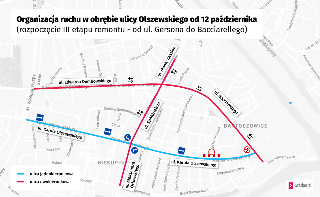 Mapa przedstawia organizację ruchu po rozpoczęciu remontu na Olszewskiego od Gersona do Bacciarellego