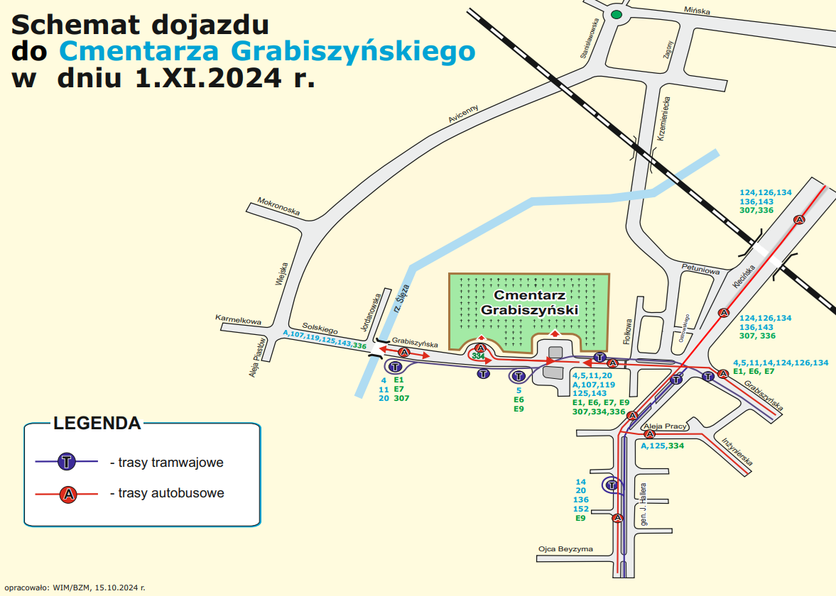 Schemat funkcjonowania komunikacji miejskiej w okolicach cmentarza Grabiszyńskiego