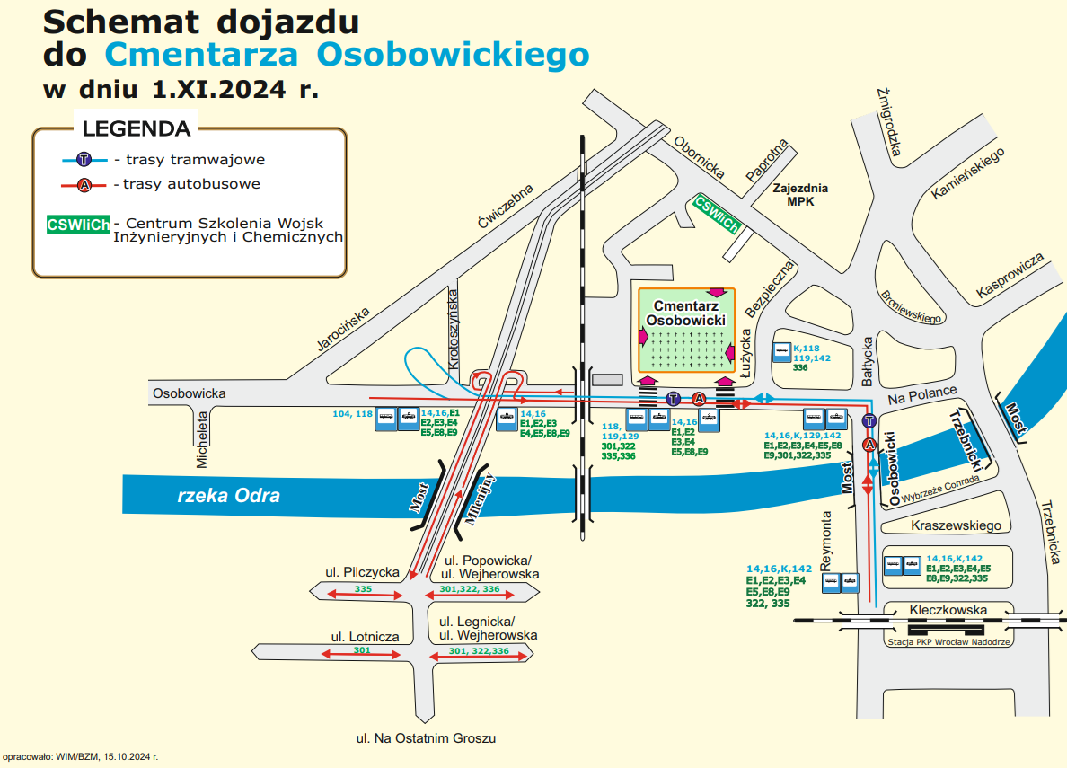 Schemat funkcjonowania komunikacji miejskiej w okolicach cmentarza Osobowickiego