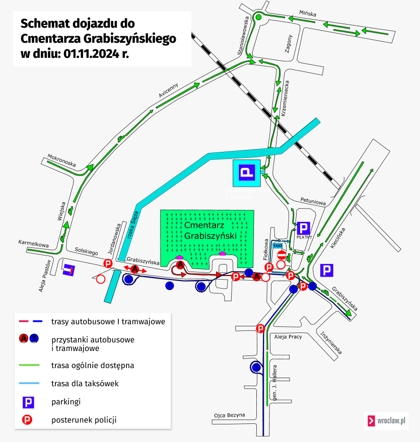 Mapa przedstawia organizację ruchu w pobliżu cmentarza Grabiszyńskiego