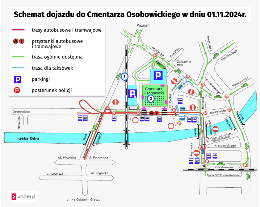Mapa przedstawia organizację ruchu w pobliżu cmentarza Osobowickiego