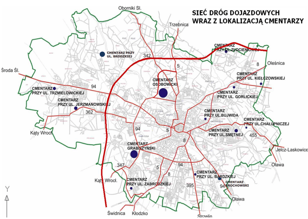 Mapa Wrocławia z siecią dróg krajowych oraz lokalizacją cmentarzy