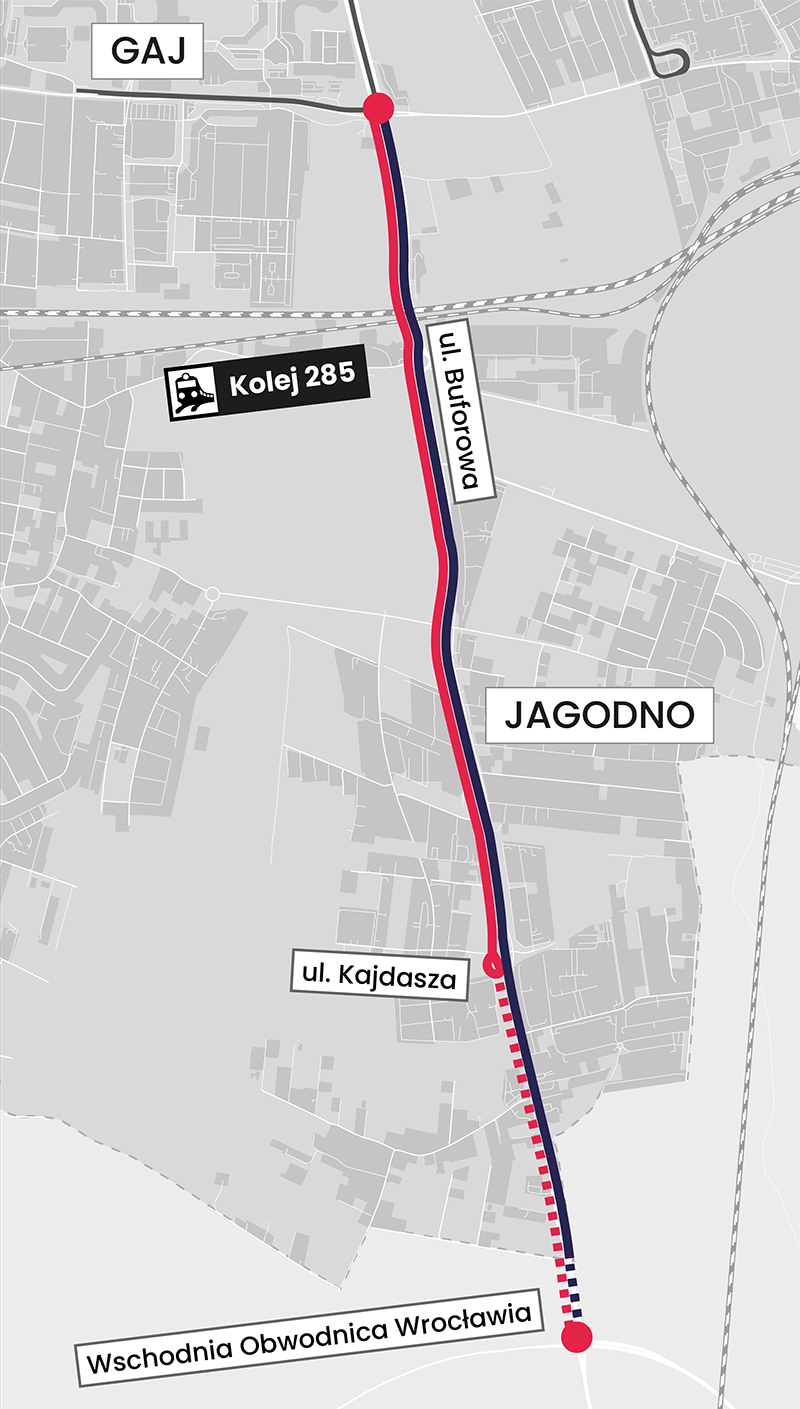 Czerwona linia oznacza buspas na Jagodno (docelowo tramwaj). Przerywana czerwona linia to rezerwa terenu, która w przyszłości może zostać wykorzystana pod komunikację zbiorową. Niebieska linia to droga dla samochodów, która będzie poszerzana o dodatkowe pasy